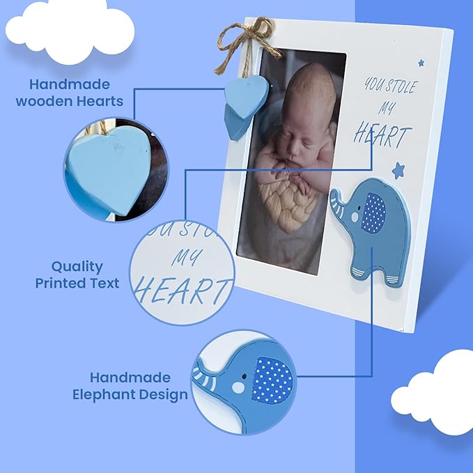 Baby Boy You Stole My Heart Newborn Wooden Picture Frame | Perfect for Baby Shower, Pregnancy Gift, Mom & Grandma Gifts | Fits 4 x 6 Pic (Blue)