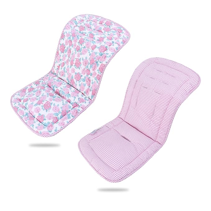 Baby Stroller Cushion,Infant Car Seat Insert-Reversible Universal Breathable and Soft Newborn Stroller Mat,100% Cotton Cover Toddler Seat Pad Liner-34x78cm,1 Pack(Pink Rose+Pink Plaid)