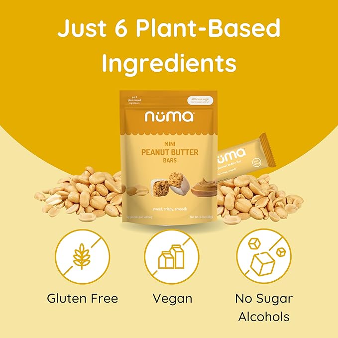 Numa Foods Mini Peanut Butter Bars – Vegan, Low Sugar, High Protein, All Natural, Gluten Free – Crunchy Plant Based Peanut Butter Snacks – 3 Bags with 8 Individually Wrapped PB Bites