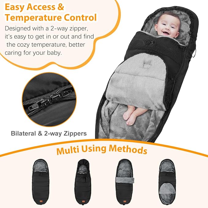 Zooawa Stroller Bunting Bag Universal, Waterproof Baby Stroller Footmuff, Stroller Sleeping Bag for Cold Weather, Extra Thick, Fits 6-36 Months Baby, Black