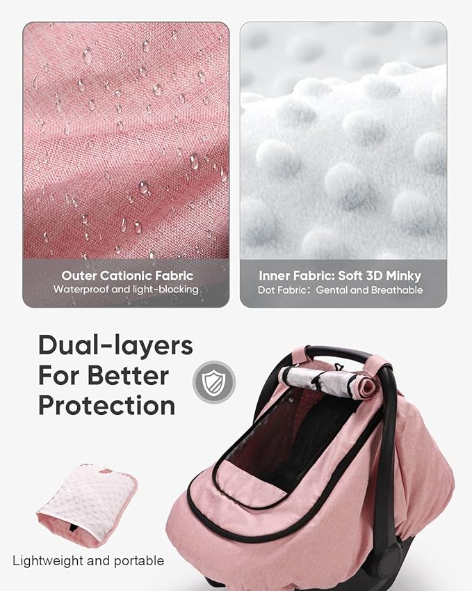 Waterproof Car Seat Cover for Baby, 2-Layer Car Seat Rain Cover with Clear Window & Sunshade & Mesh Cover, Universal Infant Carseat Canopy for Stroller, Protect from Rain and Snow - Pink