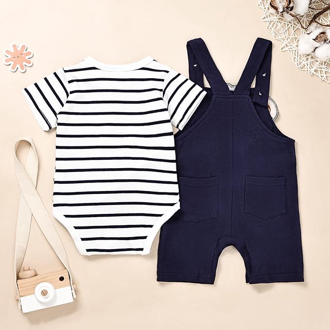 Baby Boy Clothes Newborn Outfits Stripe Romper Infant Cartoon Overall Adjustable Suspender Pants Set 0-18 Months