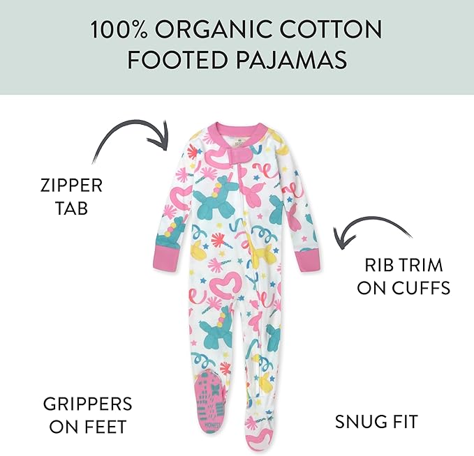 HonestBaby Non-Slip Footed Pajamas One-Piece Sleeper Zip-Front Pjs 100% Organic Cotton for Baby Girls