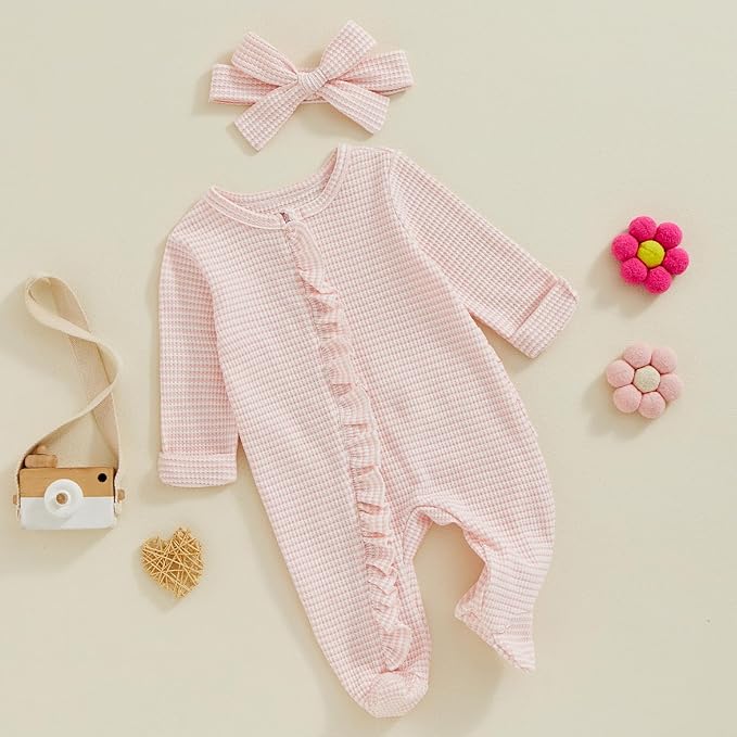 Newborn Girl Clothes Baby Girl Coming Home Outfit Zipper One-piece Outfits Ruffle Footie Bodysuit Jumpsuit Headband