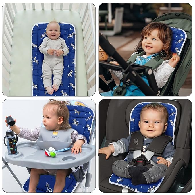 Baby Stroller Cushion,Infant Car Seat Insert-Reversible Universal Breathable and Soft Newborn Stroller Mat,100% Cotton Cover Toddler Seat Pad Liner-34x78cm,1 Pack(Blue Zebra)