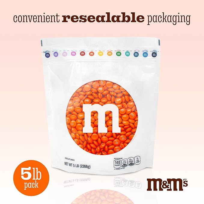 M&M’S WORLD Orange Milk Chocolate Candy, 5lbs of M&M'S in Resealable Pack for Candy Bars, Halloween Trick or Treat Favors, Birthday Parties, Dessert Tables & DIY Party Favors
