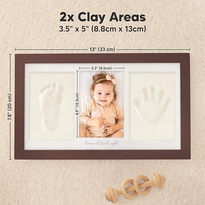Baby Hand and Footprint Kit - Clay Handprint Keepsake Frame, Newborn Nursery Picture Frame, Personalized New Mom Gifts for Baby Shower & Registry (Cedar)