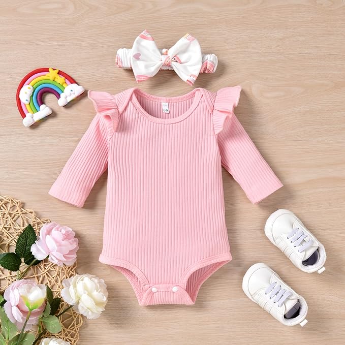 Aalizzwell Preemie Newborn Infant Baby Girls Clothes Ribbed Romper Bodysuit Pants Set Fall Winter Outfits