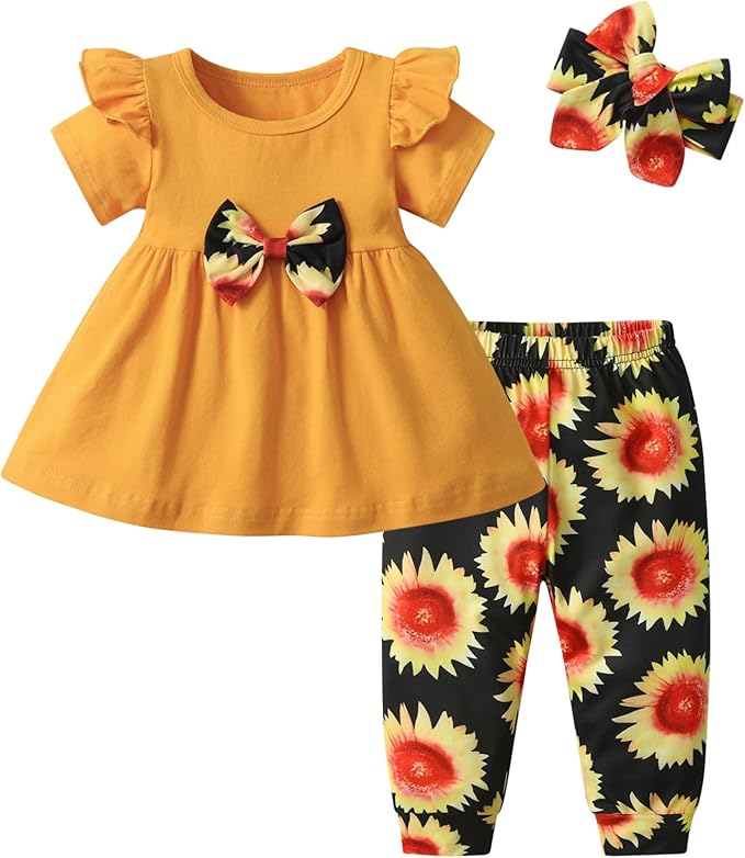 3PCS Baby Girl Clothes Ruffle Floral Shirt Tops Pants Headband Outfit Sets