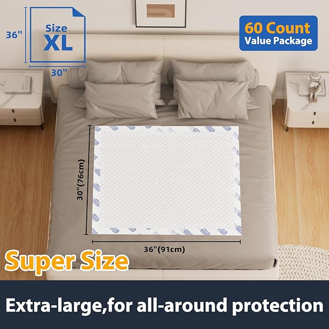 Tear Resistant Disposable Bed Pads Adults Chucks Incontinence Underpads 30"x 36"(60 Count),Large Thicken Premium Waterproof Pee Pads for Elderly,10X Super Absorbency Heavy Duty Puppy Training Pads