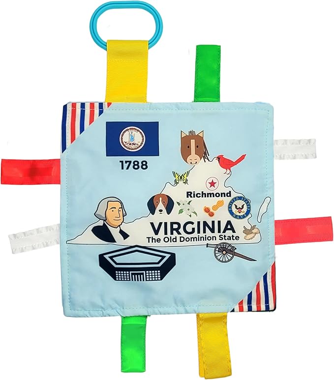 Baby Jack & Co 8x8” Learning Lovey Virginia State Tag Stroller Toy for Babies - Crinkle Toys for Developing Five Senses - Learn About Capitals - Travel with Baby Jack - BPA Free Clip