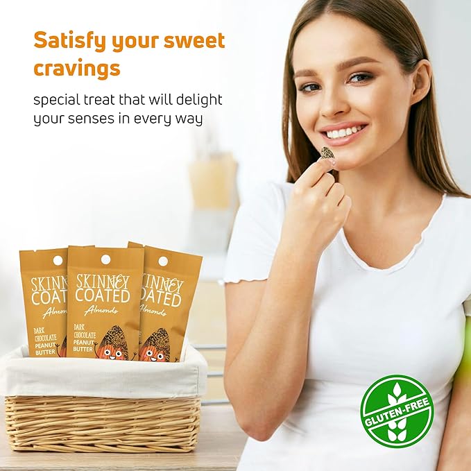 Skinny Coated Dark Chocolate Peanut Butter Snacks, Peanut Butter Covered Almonds Healthy Chocolate Snacks in Bulk - Skinny Almonds, Kosher, Gluten Free Sweet Snacks for Adults, 1.2Oz Bag, 6 Pack