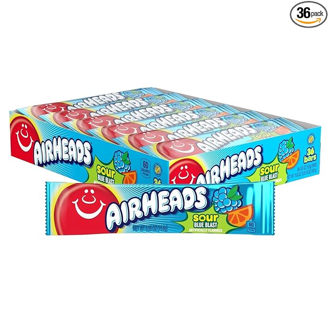 Airheads Sour Mini Halloween Trick or Treat Taffy Candy Bars, Blue Blast Flavored, Individually Wrapped Candy for Adults & Kids, Treat Bags & Party Favors, 36 Bars