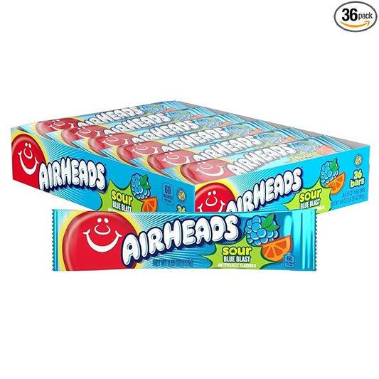 Airheads Sour Mini Halloween Trick or Treat Taffy Candy Bars, Blue Blast Flavored, Individually Wrapped Candy for Adults & Kids, Treat Bags & Party Favors, 36 Bars