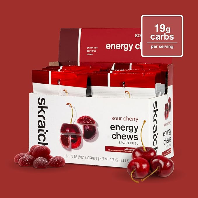 Skratch Labs Energy Chews | Caffeine Gummies for Running, Cycling, and Sports Performance | Gel Alternative | Sour Cherry (10 Pack) | Gluten Free, Vegan