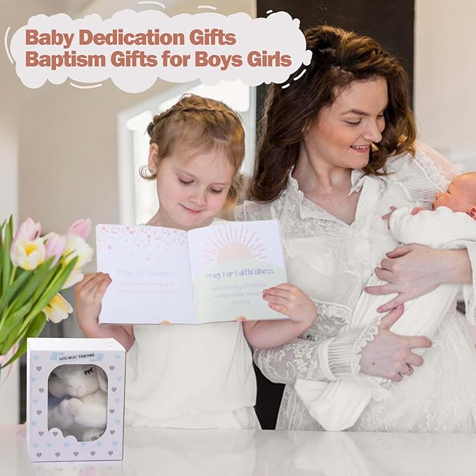Baptism Gifts for Baby Boys Includes 7'' Plush Praying Musical Bunny and Let's Pray Book, Christening, Dedication and Baptism Gift Set for Boys in Keepsake Box