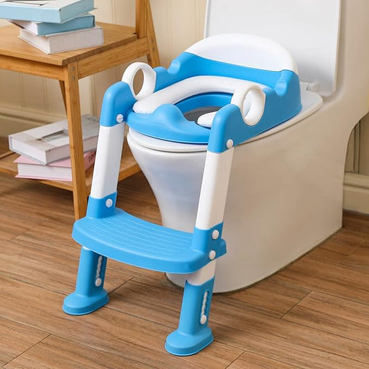 Potty Training Toilet Seat with Step Stool Ladder for Boys and Girls Baby Toddler Kid Children Toilet Training Seat Chair with Handles Padded Seat Non-Slip Wide Step(Blue)