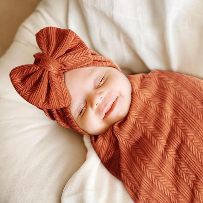 Newborn Receiving Blanket with Bow Hat Mittens Wooden Card Set Wheat-Pattern Newborns Toddler Baby Boy Girl Nursery Swaddle Wrap