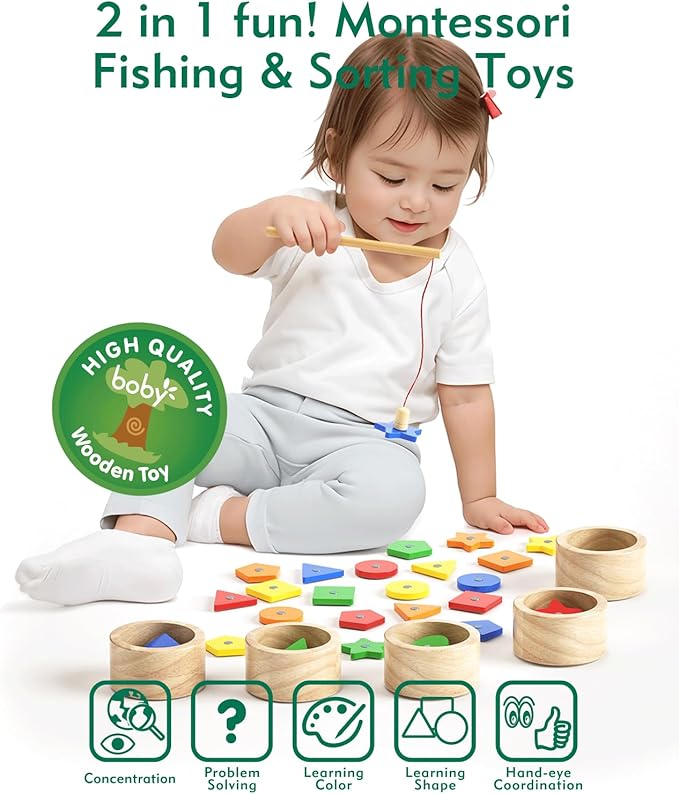 Boby Montessori Toy 2-in-1 Wooden Sorting Cup&Magnetic Fishing Game-Educational Puzzle Toy for Toddlers 1-4 Year Old,Colors Shapes Sorting&Matching Games for Toddlers Developmental Toys