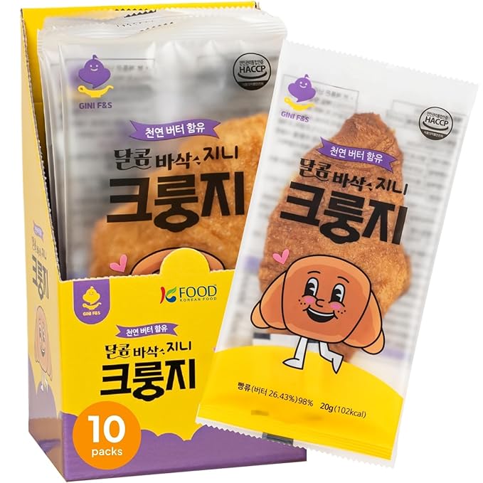 Korean Food Flat Croissant Snack, Crispy and Buttery Dessert Bites, Only 102 Calories, Perfect for School Lunch boxes, Individually Wrapped, Pack of 10 (20g Each) Crungji, Krungji, Gini Crungzee, 크룽지