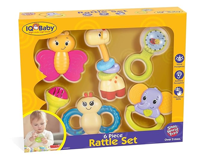 Small World Toys Baby Rattle, 6 Pcs Colorful Infant Rattle Set, Multi-Sensory Newborn Toys, Learning Rattle Toys for Infants 3-6 Months, 6-12 and Up, Montessori Toys for Babies Boy Girl Gift Set