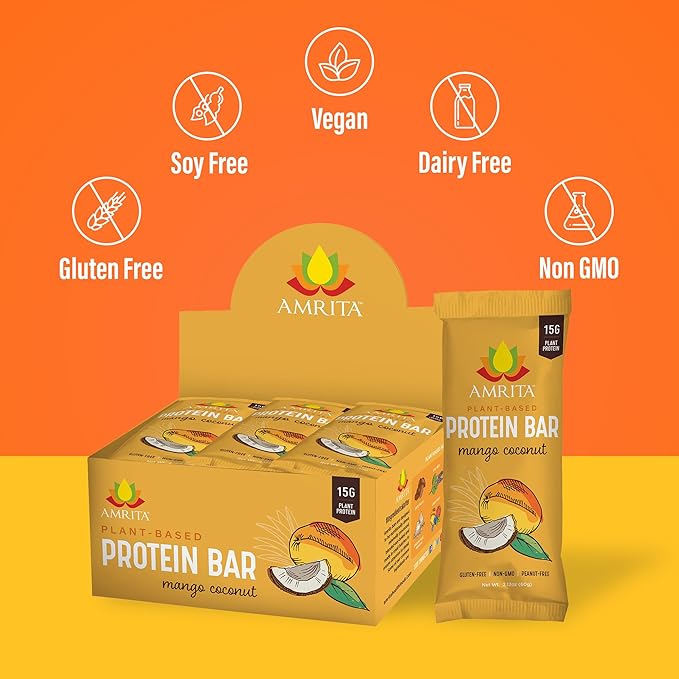 Amrita Nut Free Vegan Protein Bars (12 CT PK of 3) | Mango Coconut 15g Plant-Based Protein Bar | Peanut-Free, Gluten Free, and Dairy-Free | No Added Sugar, High Fiber, Healthy Snacks for Kids/Adults