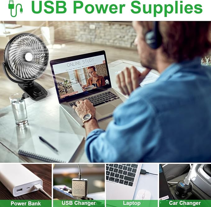 ELZO Clip on Fan, 5000mAh Mini USB Desk Auto Oscillating Small Fan, 360° Rotation Rechargeable Stepless Speed, Super Quiet Portable Fan for Office Stroller Car Camping Travel, Black