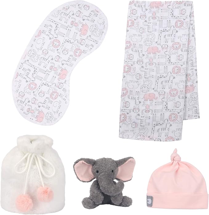 Lambs & Ivy 5 Piece Pink/Gray Plush Infant/Newborn Baby Gift Bag w/Swaddle