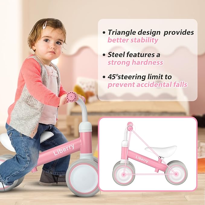 Liberry Baby Balance Bike for 1 Year Old Girls, 4 Wheels Toddler Balance Bike with Adjustable Seat, 12-24 Months Infant's First Birthday Gift (Pink)