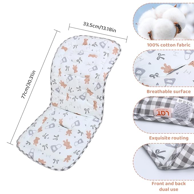 Baby Stroller Cushion,Infant Car Seat Insert-Reversible Universal Breathable and Soft Newborn Stroller Mat,100% Cotton Cover Toddler Seat Pad Liner-34x78cm,1 Pack(Butter Bear+Gray Plaid)