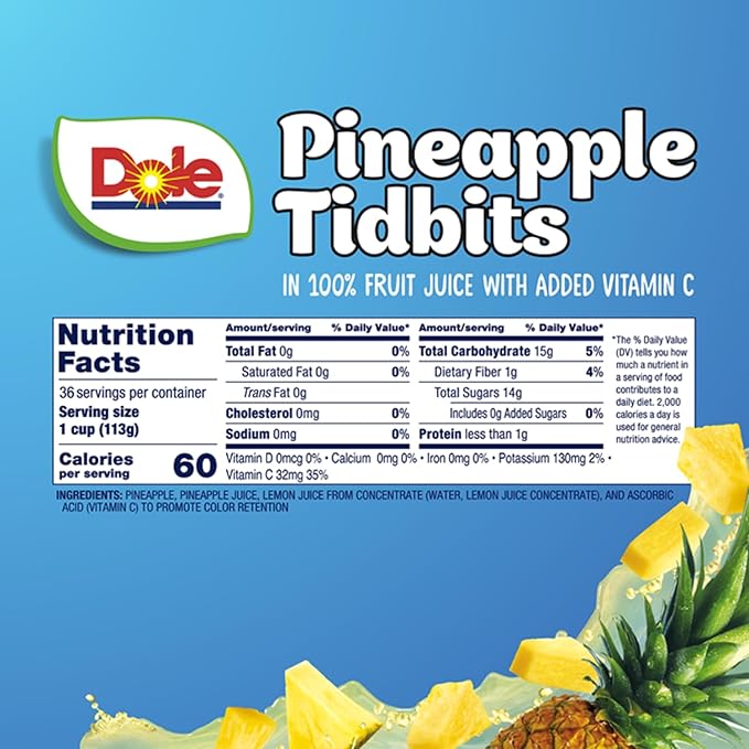 Dole Fruit Bowls Pineapple Tidbits in 100% Juice Snacks, 4oz 36 Total Cups, Gluten & Dairy Free, Bulk Lunch Snacks for Kids & Adults