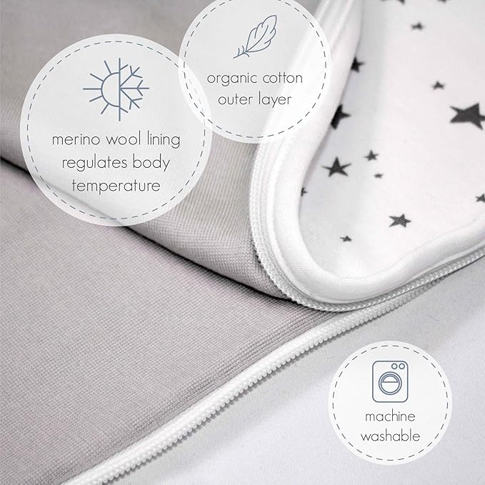 Woolino 4 Season Ultimate Baby Sleeping Bag - Merino Wool and Organic Cotton - Universal Size Adjustable Sleep Sack for Baby - Two-Way Zipper Sleeping Bag (2-24 Months) - Stars White