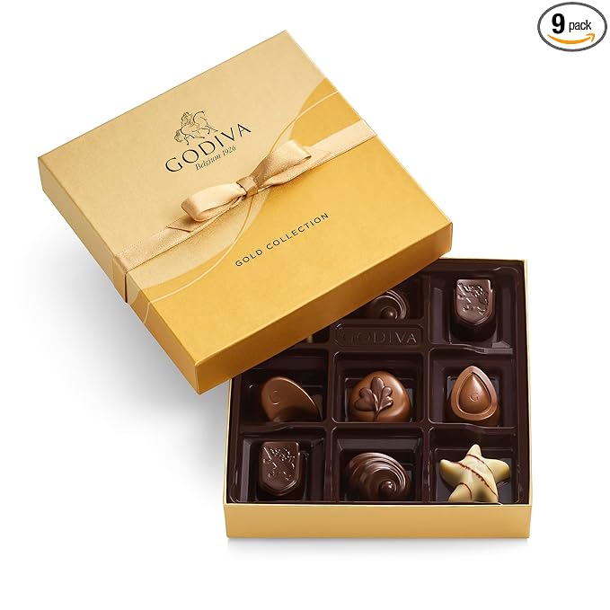 Godiva Chocolatier Gold Ribbon 9-Piece Assorted Chocolate Gift Box – Gourmet Chocolate Candy Variety Pack – Dark Caramel, Milk Chocolate, Nuts– Gift Basket for Congratulations, Birthday and Anniversary