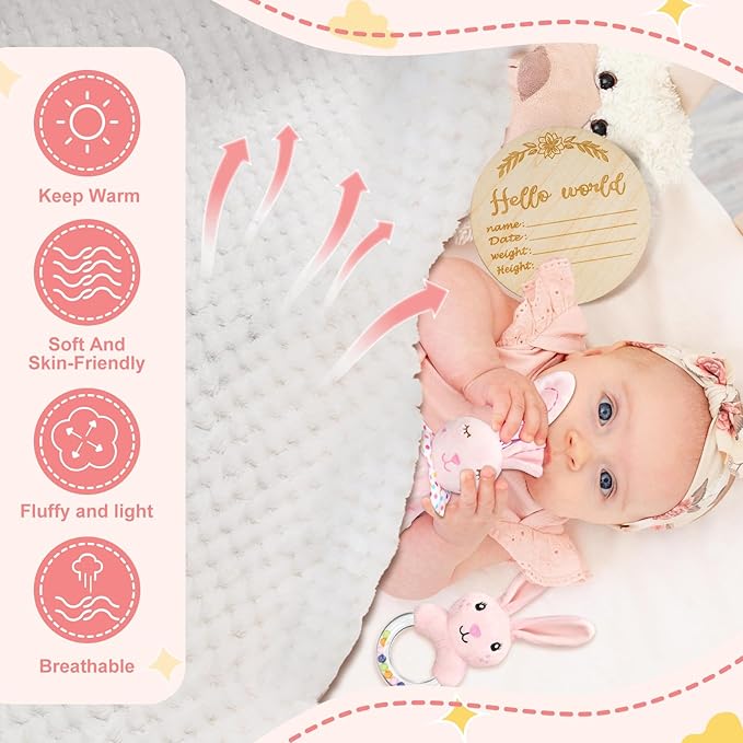 Baby Girl Gifts Newborn Gift Set, Baby Girl Newborn Essentials Gift Basket, Multiple Pieces Baby Girl Gift Basket with Baby Bunny Handbell, Baby Blanket, Keepsake Milestone, Bunny Toy, Baby Socks