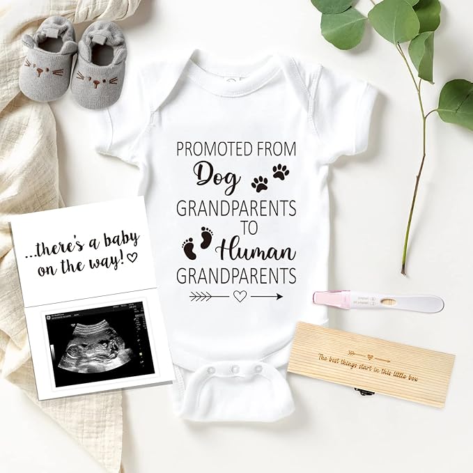 Pregnancy Announcement for Grandparents - Surprise Baby Announcement Gifts Set for Grandma Grandpa- Pregnancy Test Keepsake Box, Baby Onesie & Shoes, Pregnancy Reveal Card