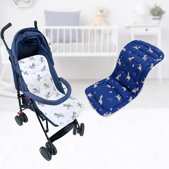 Baby Stroller Cushion,Infant Car Seat Insert-Reversible Universal Breathable and Soft Newborn Stroller Mat,100% Cotton Cover Toddler Seat Pad Liner-34x78cm,1 Pack(Blue Zebra)