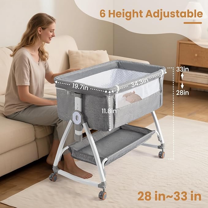 JOYMOR 3 in 1 Baby Bassinet, Bedside Bassinet for Baby, with Comfy Mattress and Wheels, 6 Height Adjustable Easy Folding Portable Bedside Crib for Newborn (Gray)