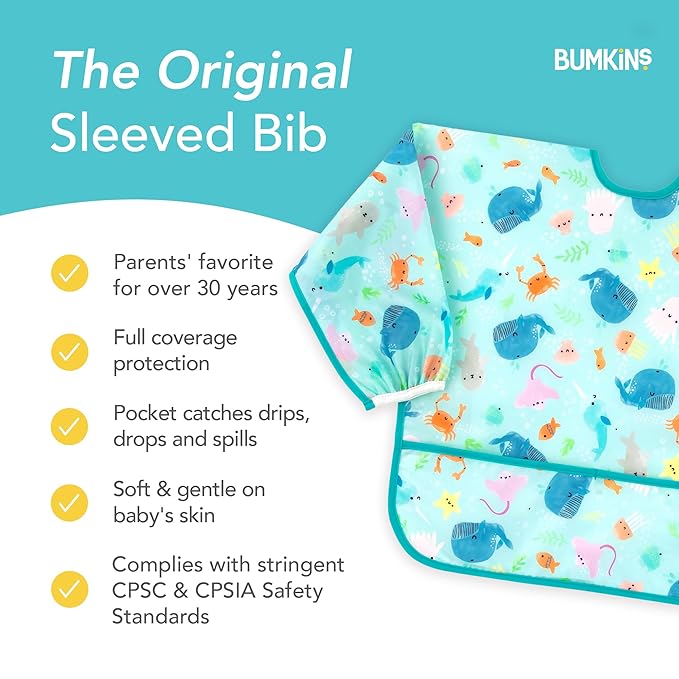 Bumkins Bibs, Baby and Toddler Girls and Boys 6-24 Months, Long Sleeve, Essential Must Have for Eating, Feeding, Mess Saving Lightweight Waterproof Fabric Sleeved Smock, Ocean Life