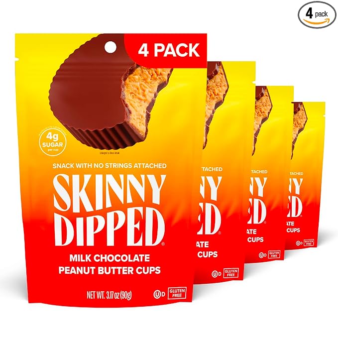 SkinnyDipped Milk Chocolate Peanut Butter Cups, 4g Sugar, Low Sugar, Low Carb, Gluten Free, 3.2oz Bag, 4 Pack (24 Cups Total)