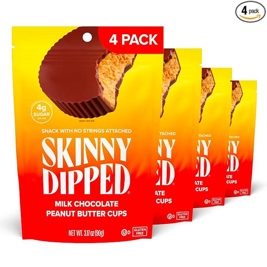 SkinnyDipped Milk Chocolate Peanut Butter Cups, 4g Sugar, Low Sugar, Low Carb, Gluten Free, 3.2oz Bag, 4 Pack (24 Cups Total)
