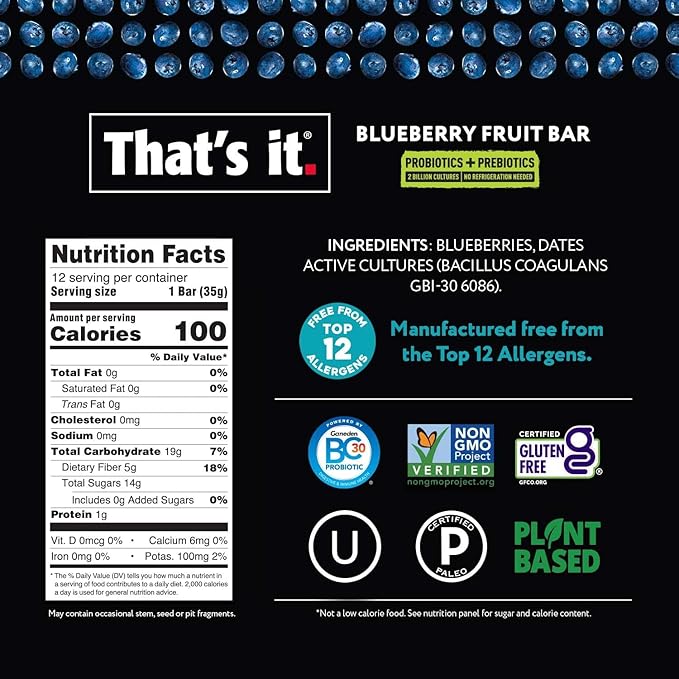 That's it. Blueberry Probiotic Fruit Bars, Helps Promote Healthy Gut & Digestion, No Refrigeration, 100% All Natural, Allergen Friendly (12 Pack)