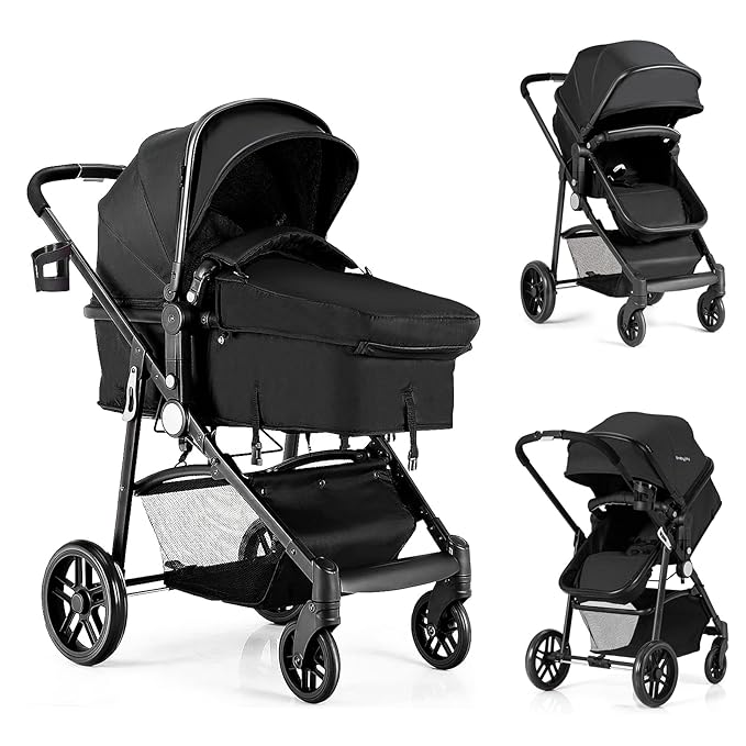 BABY JOY Baby Stroller, 2 in 1 Convertible Carriage Bassinet to Stroller, Pushchair with Foot Cover, Cup Holder, Large Storage Space, Wheels Suspension, 5-Point Harness (Black)