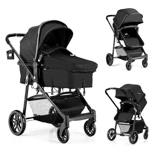 BABY JOY Baby Stroller, 2 in 1 Convertible Carriage Bassinet to Stroller, Pushchair with Foot Cover, Cup Holder, Large Storage Space, Wheels Suspension, 5-Point Harness (Black)
