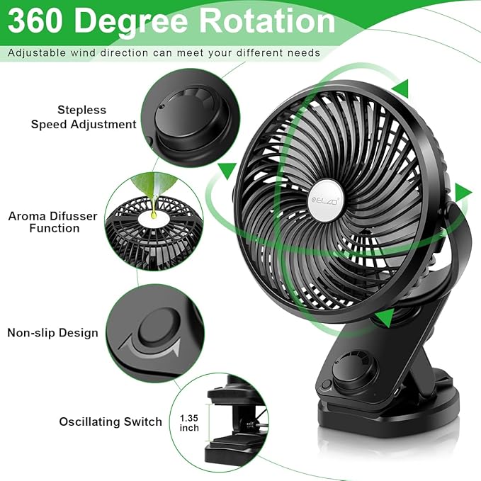 ELZO Clip on Fan, 5000mAh Mini USB Desk Auto Oscillating Small Fan, 360° Rotation Rechargeable Stepless Speed, Super Quiet Portable Fan for Office Stroller Car Camping Travel, Black