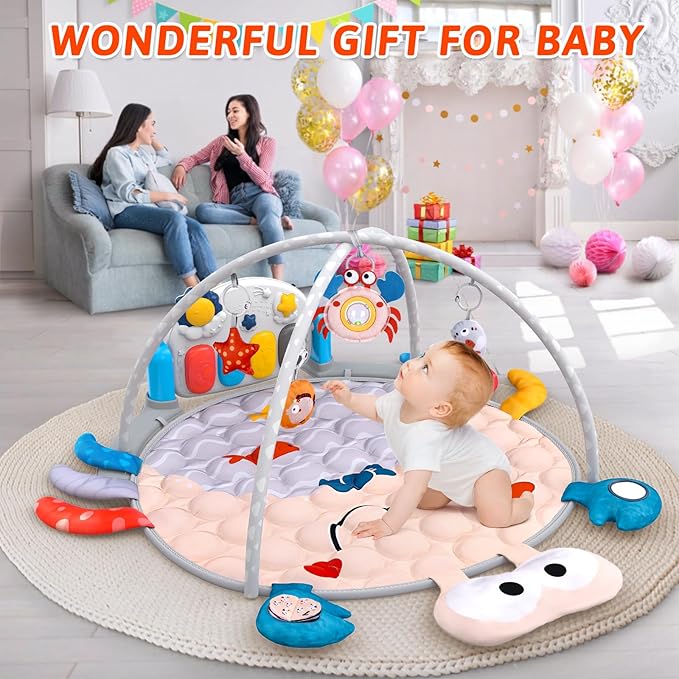 Baby Play Mat Baby Toys Tummy Time Mat for Newborn Infant Toy Piano Music & Light with 5 Toy Musical Activity Center Baby Boy Girl Gifts Toys for Baby Toys 3 6 9 12 Months, Crab Theme