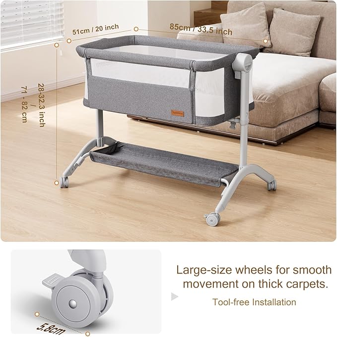 Bassinet Bedside Sleeper - All-Mesh Design, Portable Bedside Bassinet for Baby with Washable Mattress, 5 Adjustable Heights (Grey)