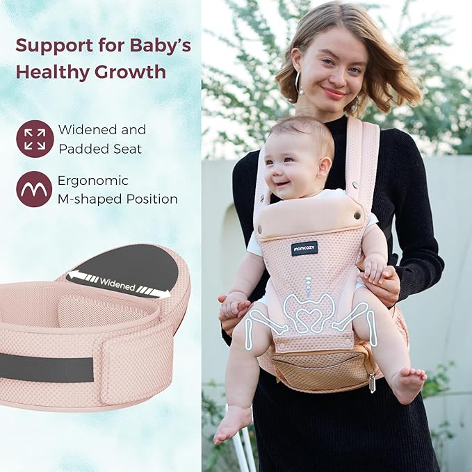 Momcozy Baby Carrier with Hip Seat, 2-in-1 Forward-Facing Carry for Active Babies, Detachable Hands-Free Carrier up to 44lbs, Breathable Infant Carrier Fits Waist Sizes up to 45 Inches, AirMesh Pink