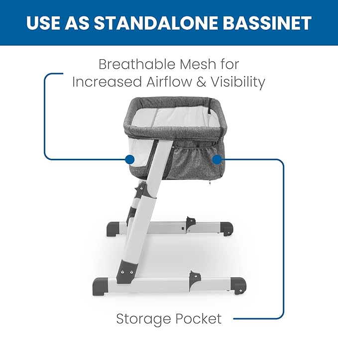 Delta Children Simmons Kids Dream Bedside Bassinet with Zip-Down Side Wall – Convenient Baby Sleeper with Breathable Mesh and Adjustable Heights - Lightweight Portable Crib, Grey