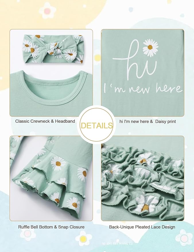 AGAPENG Newborn Girl Clothes Ruffle Letter Print Romper Infant Bell Bottom Jumpsuit Boho Baby Girl Clothes with Headband Hat