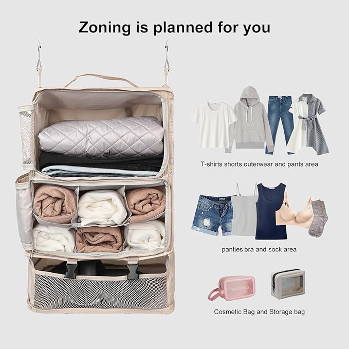 TABITORA Travel Portable Hanging Shelves Closet Organizer Packing Luggage Storage with Multifunctional and Foldable Invisible Compartment,Lightweight, for Suitcase, RV,Closet…Beige,XXL